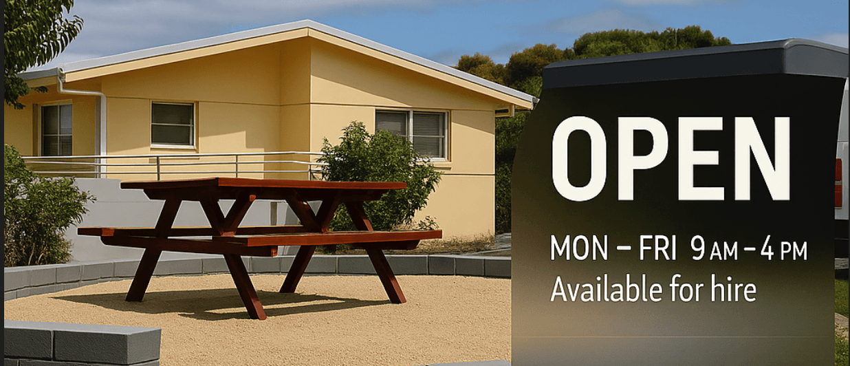 OPEN
     MON – FRI
  9AM – 4PM
  Available for hire
  SAT & SUN